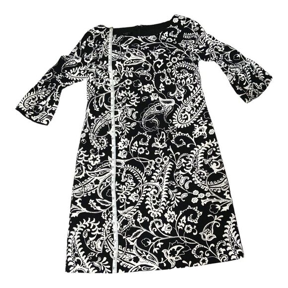 Talbots Paisley Crepe Shift Dress Women's Size 2P Bell Sleeves Black and White - Picture 8 of 9